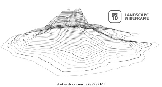 Abstract wireframe background. 3D grid technology illustration landscape. Digital Terrain Cyberspace in the Mountains, valleys. Non-intersecting parallel straight line segments. Black on White. Vector