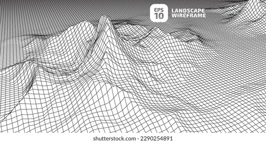 Abstract wireframe background. 3D grid technology, vector illustration landscape. Black on White colors. Digital Terrain Cyberspace in Mountains with valleys. Data Array. Isolated object.