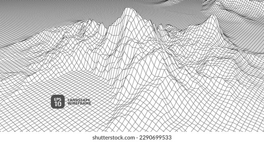 Abstract wireframe background. 3D grid technology, vector illustration landscape. Black on White colors. Digital Terrain Cyberspace in Mountains with valleys. Data Array. Isolated object.