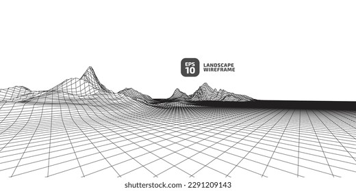 Abstract wireframe background. 3D grid technology, vector illustration landscape. Black on White colors. Digital Terrain Cyberspace in Mountains with valleys. Data Array. Isolated object.