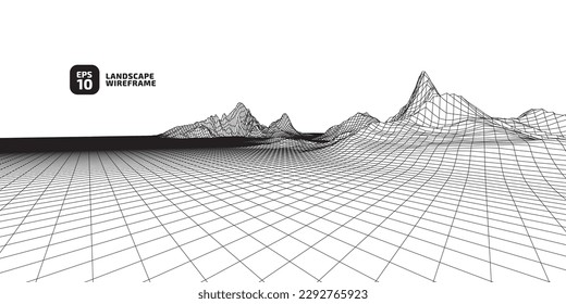 Abstract wireframe background. 3D grid technology illustration landscape. Digital Terrain Cyberspace in Mountains with valleys. Data Array. Black on white. Vector Illustration.