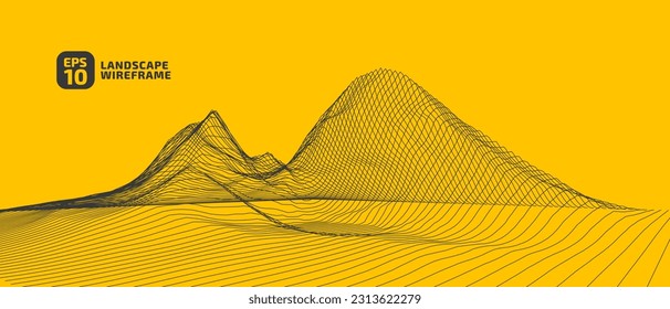 Abstract wireframe background. 3D grid technology illustration landscape. Digital Terrain Cyberspace in Mountains with valleys. Data Array. Black on Yellow. Vector Illustration.