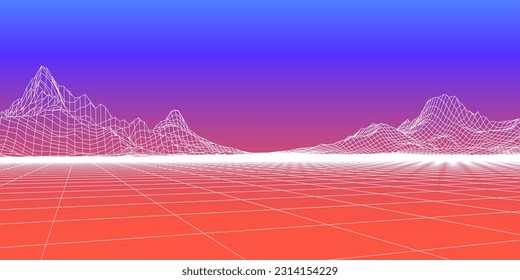 Abstract wireframe background. 3D grid technology illustration landscape. Digital Terrain Cyberspace in Mountains with valleys. Data Array. Black on white. Vector Illustration.