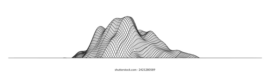 Fondo de trama abstracta. paisaje de ilustración de tecnología de cuadrícula 3D. líneas delgadas negras sobre fondo blanco, malla de textura. Ciberespacio digital en las montañas con valles. Vector EPS10.