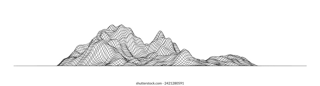 Fondo de trama abstracta. paisaje de ilustración de tecnología de cuadrícula 3D. líneas delgadas negras sobre fondo blanco, malla de textura. Ciberespacio digital en las montañas con valles. Vector EPS10.