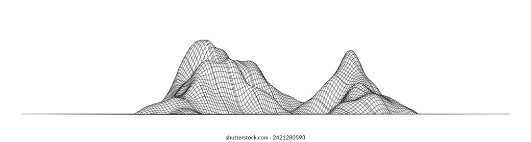 Fondo de trama abstracta. paisaje de ilustración de tecnología de cuadrícula 3D. líneas delgadas negras sobre fondo blanco, malla de textura. Ciberespacio digital en las montañas con valles. Vector EPS10.