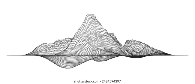 Abstract wireframe background. 3D grid technology illustration landscape. black thin lines on a white background, texture mesh. Digital Cyberspace in the  Mountains with valleys. EPS10 Vector.