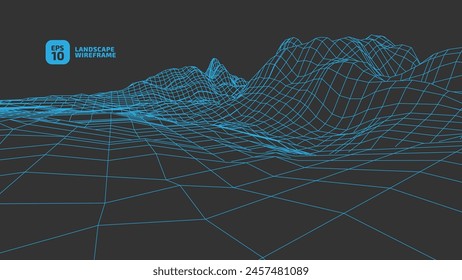 Abstractas fondo de alambre. Ilustración de tecnología de cuadrícula 3D. Líneas finas azules sobre fondo negro, malla de textura. Ciberespacio digital en las montañas con valles. VECTOR EPS10.