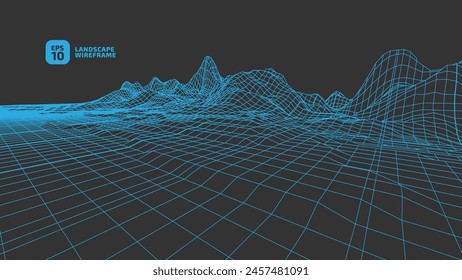 Abstract wireframe background. 3D grid technology illustration landscape. Blue thin lines on a black background, texture mesh. Digital Cyberspace in the  Mountains with valleys. EPS10 Vector.