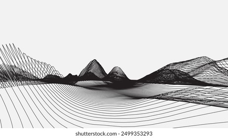 Abstract wireframe background. 3D grid technology illustration landscape. black thin lines on a white background, texture mesh. Digital Cyberspace in the  Mountains with valleys. EPS10 Vector.