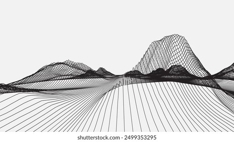 Abstract wireframe background. 3D grid technology illustration landscape. black thin lines on a white background, texture mesh. Digital Cyberspace in the  Mountains with valleys. EPS10 Vector.