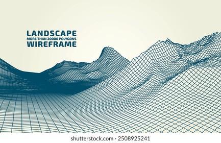 Fundo abstrato do modelo de arame. Panorama de ilustração da tecnologia de grade 3D. Ciberespaço Terreno Digital nas Montanhas com vales. Matriz de dados. | Vetor EPS10