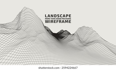 Abstract wireframe background. 3D grid technology illustration landscape. Design material. Poster. Mesh objects natural  constructions. Digital Terrain Cyberspace in the Mountains with valleys. Vector