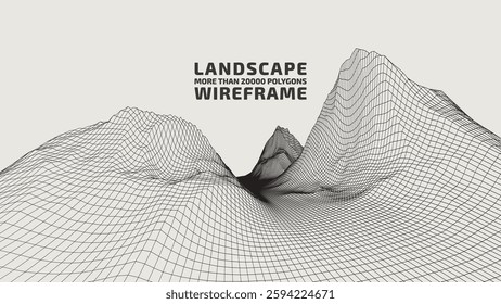 Abstract wireframe background. 3D grid technology illustration landscape. Design material. Poster. Mesh objects natural  constructions. Digital Terrain Cyberspace in the Mountains with valleys. Vector