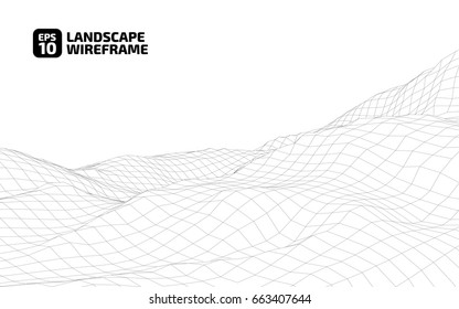 Abstract wireframe  background. 3D grid technology illustration landscape. Digital Cyberspace in the  Mountains with valleys. EPS10 Vector.