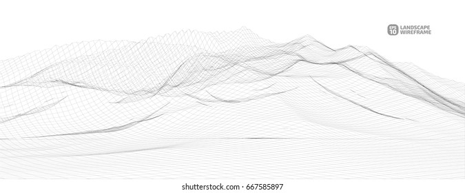 Abstract wireframe background. 3D grid technology illustration landscape. Digital Cyberspace in the  Mountains with valleys. EPS10 Vector.