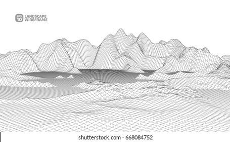 Abstract wireframe background. 3D grid technology illustration landscape. Digital Cyberspace in the  Mountains with valleys. EPS10 Vector.