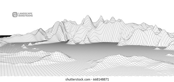 Abstract wireframe background. 3D grid technology illustration landscape. Digital Cyberspace in the  Mountains with valleys. EPS10 Vector.