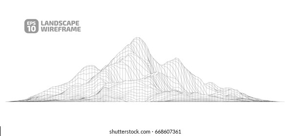 Abstract wireframe background. 3D grid technology illustration landscape. Digital Cyberspace in the Mountains with valleys. EPS10 Vector.