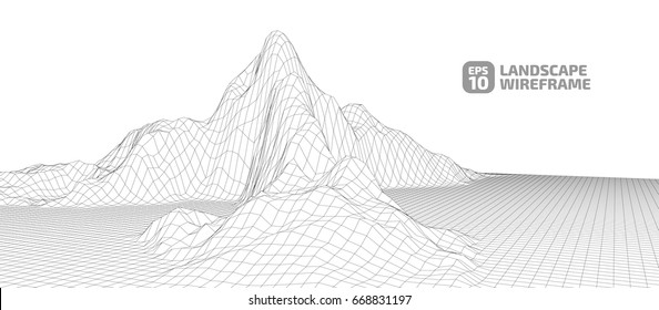 Abstract wireframe background. 3D grid technology illustration landscape. Digital Cyberspace in the  Mountains with valleys. EPS10 Vector.