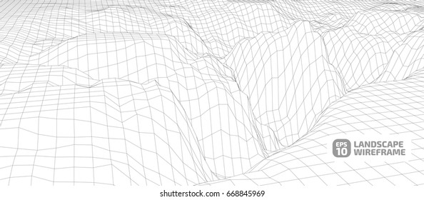 Abstract wireframe background. 3D grid technology illustration landscape. Digital Cyberspace in the  Mountains with valleys. EPS10 Vector.