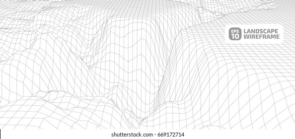 Abstract wireframe background. 3D grid technology illustration landscape. Digital Cyberspace in the  Mountains with valleys. EPS10 Vector.