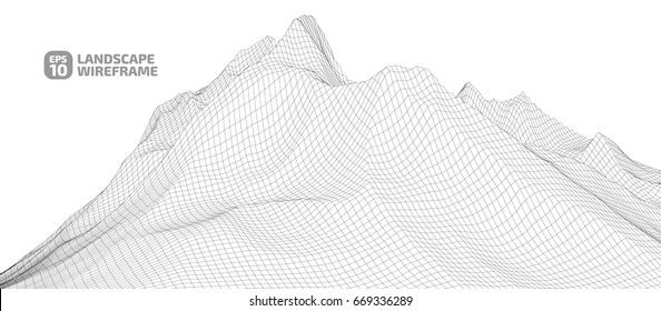 Abstract wireframe background. 3D grid technology illustration landscape. Digital Cyberspace in the  Mountains with valleys. EPS10 Vector.
