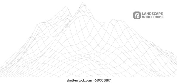 Abstract wireframe background. 3D grid technology illustration landscape. Digital Cyberspace in the  Mountains with valleys. EPS10 Vector.