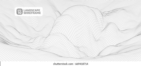 Abstract wireframe background. 3D grid technology illustration landscape. Digital Cyberspace in the  Mountains with valleys. EPS10 Vector.