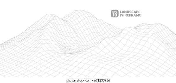 Abstract wireframe background. 3D grid technology illustration landscape. Digital Cyberspace in the  Mountains with valleys. EPS10 Vector.