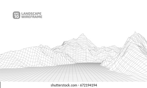 Abstract wireframe background. 3D grid technology illustration landscape. Digital Cyberspace in the  Mountains with valleys. EPS10 Vector.