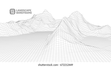 Abstract wireframe background. 3D grid technology illustration landscape. Digital Cyberspace in the  Mountains with valleys. EPS10 Vector.