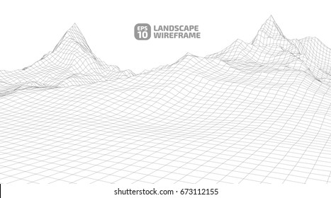 Abstract wireframe background. 3D grid technology illustration landscape. Digital Terrain Cyberspace in the Mountains with valleys | EPS10 Vector.