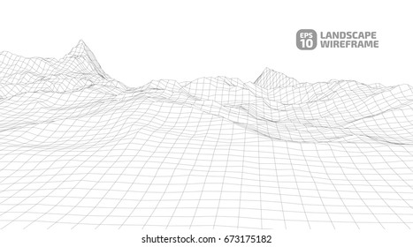 Abstract wireframe background. 3D grid technology illustration landscape. Digital Terrain Cyberspace in the Mountains with valleys | EPS10 Vector.