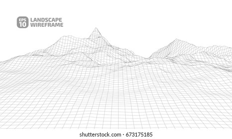 Abstract wireframe background. 3D grid technology illustration landscape. Digital Terrain Cyberspace in the Mountains with valleys | EPS10 Vector.