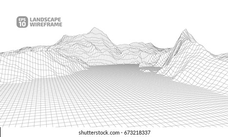 Abstract wireframe background. 3D grid technology illustration landscape. Digital Terrain Cyberspace in the Mountains with valleys | EPS10 Vector.
