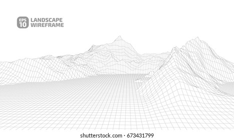 Abstract wireframe background. 3D grid technology illustration landscape. Digital Terrain Cyberspace in the Mountains with valleys | EPS10 Vector.