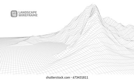 Abstract wireframe background. 3D grid technology illustration landscape. Digital Terrain Cyberspace in the Mountains with valleys | EPS10 Vector.