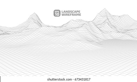 Abstract wireframe background. 3D grid technology illustration landscape. Digital Terrain Cyberspace in the Mountains with valleys | EPS10 Vector.