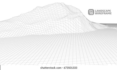 Abstract wireframe background. 3D grid technology illustration landscape. Digital Terrain Cyberspace in the Mountains with valleys | EPS10 Vector.