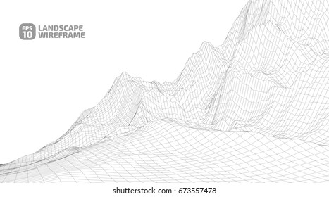Abstract wireframe background. 3D grid technology illustration landscape. Digital Terrain Cyberspace in the Mountains with valleys | EPS10 Vector.