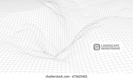 Abstract wireframe background. 3D grid technology illustration landscape. Digital Terrain Cyberspace in the Mountains with valleys | EPS10 Vector.