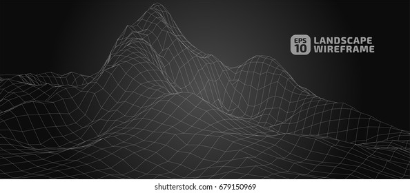 Abstract wireframe background. 3D grid technology illustration landscape. Digital Terrain Cyberspace in the Mountains with valleys | EPS10 Vector.