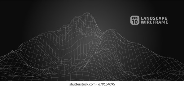 Abstract wireframe background. 3D grid technology illustration landscape. Digital Terrain Cyberspace in the Mountains with valleys | EPS10 Vector.
