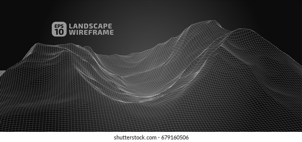 Abstract wireframe background. 3D grid technology illustration landscape. Digital Terrain Cyberspace in the Mountains with valleys | EPS10 Vector.