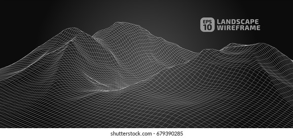 Abstract wireframe background. 3D grid technology illustration landscape. Digital Terrain Cyberspace in the Mountains with valleys | EPS10 Vector.