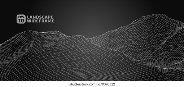 Abstract wireframe background. 3D grid technology illustration landscape. Digital Terrain Cyberspace in the Mountains with valleys | EPS10 Vector.