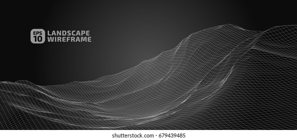 Abstract wireframe background. 3D grid technology illustration landscape. Digital Terrain Cyberspace in the Mountains with valleys | EPS10 Vector.