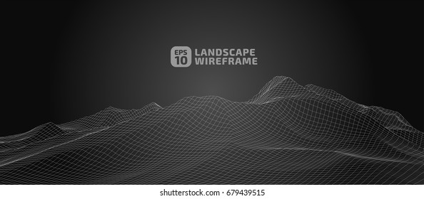 Abstract wireframe background. 3D grid technology illustration landscape. Digital Terrain Cyberspace in the Mountains with valleys | EPS10 Vector.