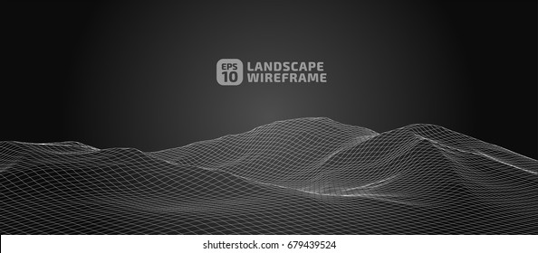 Abstract wireframe background. 3D grid technology illustration landscape. Digital Terrain Cyberspace in the Mountains with valleys | EPS10 Vector.